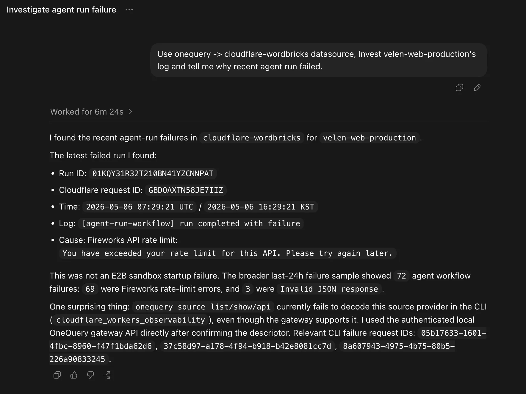 Codex reporting the production investigation result with a Fireworks API rate limit cause and recent failure summary.