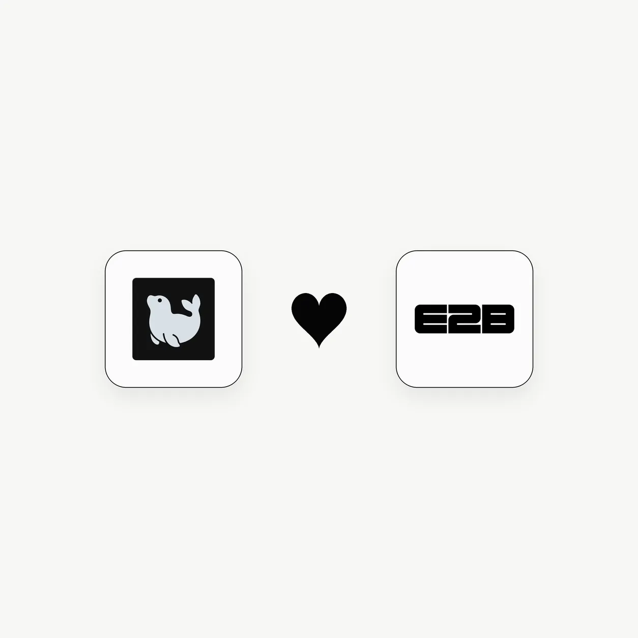 OneQuery logo connected to the E2B logo with a heart symbol.